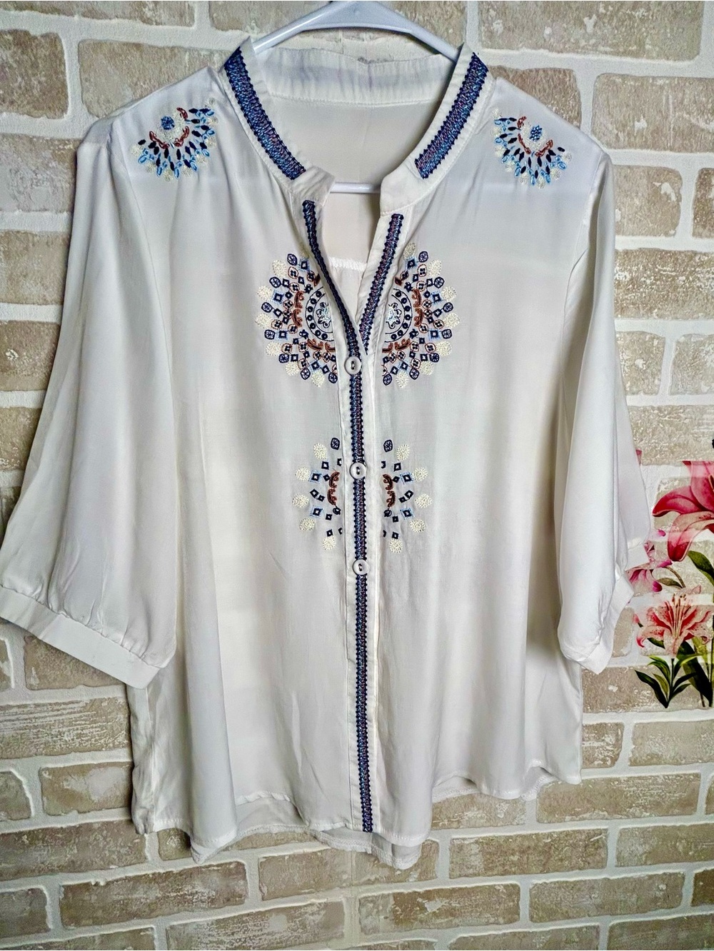 White Embroidered Button-Front Women’s Blouse with Blue Accents